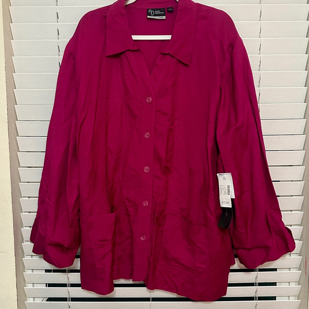 Added Dimensions Womens 4X Dark Pink Button Front Blouse jacket Long Sleeve Top